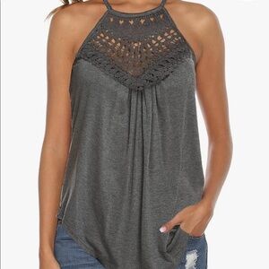 Sleeveless halter tank top with lace detail